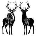 Deer stag with tribal feathers decor black and white vector design