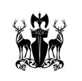 Deer stag with viking battle axe, rose flowers and royal crown black and white vector heraldic design