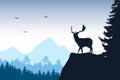 Deer with stags standing at the top of rock with mountains and f