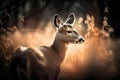 a deer is standing in a field of tall grass and weeds in the sunbeams of a forest with tall grass and tall grasses in the Royalty Free Stock Photo