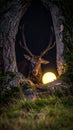 Deer standing by fire at night Royalty Free Stock Photo