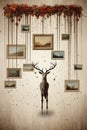 a deer is standing in front of pictures hanging from the ceiling Royalty Free Stock Photo