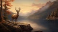 A deer is standing on the lake side the scene bathed in soft light, AI-generated