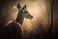 a deer standing in the middle of a forest with a light shining on it\'s head and back end of it\'s head Royalty Free Stock Photo