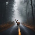 Deer standing on the road near forest at autumn evening.