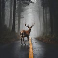 Deer standing on the road near forest at autumn evening.