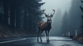 Deer standing on the road near the forest on a misty, foggy morning