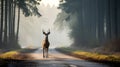 Deer standing on the road near the forest on a misty, foggy morning