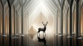 A deer standing in a room with white pillars