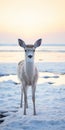 Dreamy Sunset Portrait Of A Young Deer On Snow