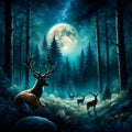 A deer standing in the woods with a full moon in the background. Royalty Free Stock Photo