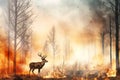 A deer stands in front of a raging forest fire, highlighting the environmental threat posed by wildfires