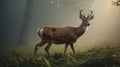 Majestic Spotted Deer Standing Gracefully in Misty Forest Clearing at Sunrise Royalty Free Stock Photo