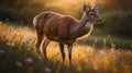 Spotted Fallow Deer Buck Standing in a Golden Meadow at Sunset, Wild Animal in Nature Royalty Free Stock Photo