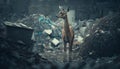 A deer in stands near a pile of plastic. Generative AI.