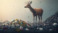 A deer in stands near a pile of plastic. Generative AI.