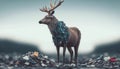 A deer in stands near a pile of plastic. Generative AI.