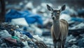 A deer in stands near a pile of plastic. Generative AI