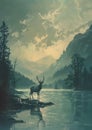 A deer stands on a rock in the river, framed by a natural landscape at dusk Royalty Free Stock Photo