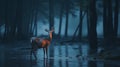 Rainy Forest: A Dramatic Photo-realistic Depiction Of A Wild Deer In Bioluminescent Lighting