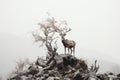 a deer stands on top of a rock in the fog