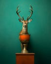 a deer stands on top of a vase in front of a green wall