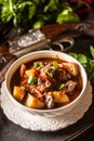 Deer stew in a bowl hunting weapon as a decoration Royalty Free Stock Photo