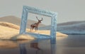 Deer on a surrealistic landscape and a frame Royalty Free Stock Photo