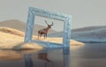 Deer on a surrealistic landscape and a frame