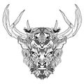 Deer and tiger head tattoo. psychedelic, zentangle style Royalty Free Stock Photo