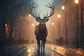 The deer walks along the street of the evening city. Destruction of the natural habitat of animals