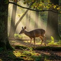 A deer walks gracefully through a sunlit forest, where rays of light filter through the Royalty Free Stock Photo