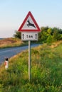Deer Warning Sign on Country Road. Wild animals warning road sign. Deer crossing sign Royalty Free Stock Photo