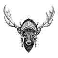 Deer. Wild animal wearing inidan headdress with feathers. Boho chic style illustration for tattoo, emblem, badge, logo