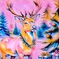 Deer in wintry landscape outdoor next to Christmas tree with gifts. Pink Illustration . AI generated. Illustration