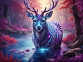 Deer in the woods in water, fantasy theme, ai generated