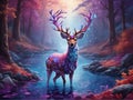 Deer in the woods in water, fantasy theme, ai generated