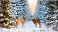 Deers Amidst a Snowy Winter Landscape, Adorned with Towering Fir Trees. Generative AI