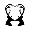 Deers with antlers in shape of heart in love, in romance, wild animals, vector, illustration in black color, isolated on white Royalty Free Stock Photo