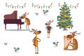 Deers character musical band at holidays, vector illustration. Animal plays piano, accordion, flute and harp near