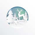 Deers family joyful on snow and winter season background.For merry christmas and happy new year paper art style.Vector illustratio