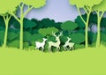 Deers family and nature forest landscape paper art style.