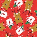 Colorful seamless pattern, funny deers, gingerbreads, biscuits, cups of cocoa. Happy New Year. Merry Christmas