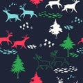 Deers in winter forest. New Year vector seamless pattern with trees and animals. Royalty Free Stock Photo