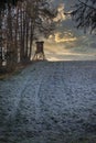 Deerstand in frozen winter forest Royalty Free Stock Photo