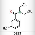 DEET, diethyltoluamide, N,N-Diethyl-meta-toluamide C12H17NO  molecule. It is active ingredient in insect repellents. Skeletal Royalty Free Stock Photo