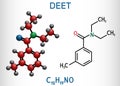 DEET, diethyltoluamide, N,N-Diethyl-meta-toluamide C12H17NO  molecule. It is active ingredient in insect repellents. Structural Royalty Free Stock Photo