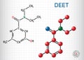 DEET, diethyltoluamide, N,N-Diethyl-meta-toluamide C12H17NO  molecule. It is active ingredient in insect repellents. Structural Royalty Free Stock Photo