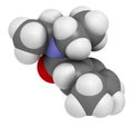 DEET (diethyltoluamide, N,N-Diethyl-meta-toluamide) insect repellent molecule. 3D rendering. Atoms are represented as spheres with Royalty Free Stock Photo