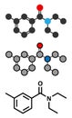 DEET insect repellent molecule. Used to protect against mosquitoes, chiggers, fleas, ticks, etc. Abbreviation for N,N-diethyl-meta Royalty Free Stock Photo